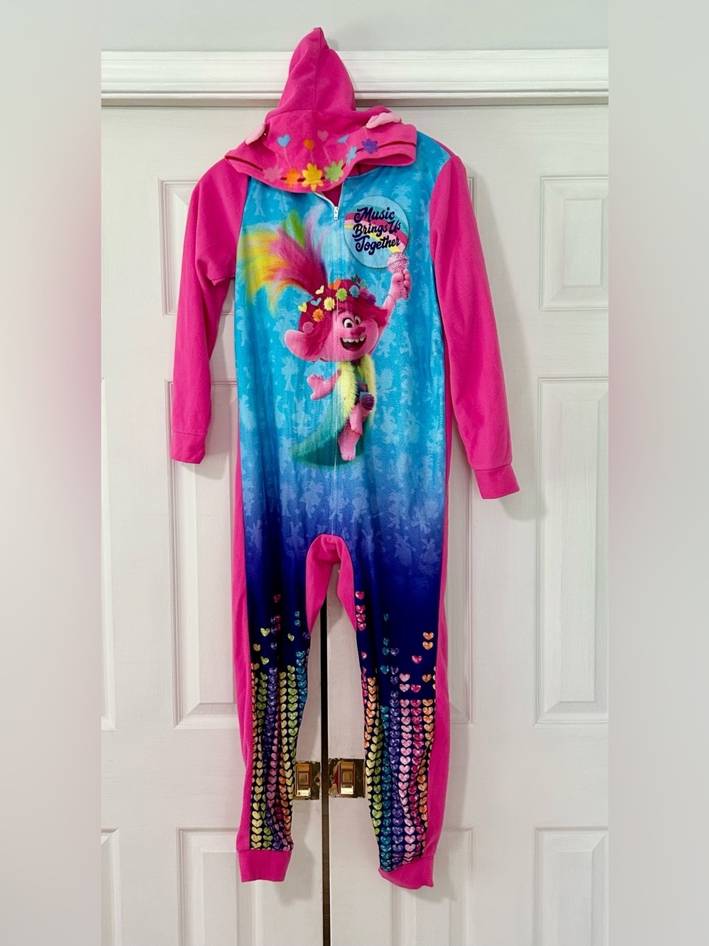 DreamWorks Trolls Pink & Blue Hooded One-Piece Footie Pajamas